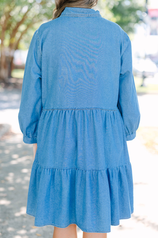 Chic Soul plus size clothing, denim long puff sleeve short tiered dress with buttons down the chest and a collar