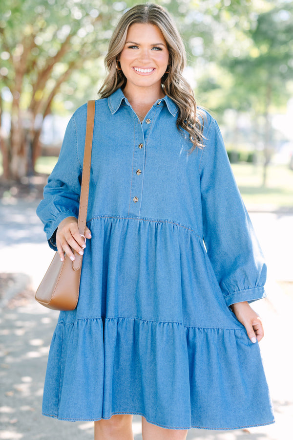 Chic Soul plus size clothing, denim long puff sleeve short tiered dress with buttons down the chest and a collar
