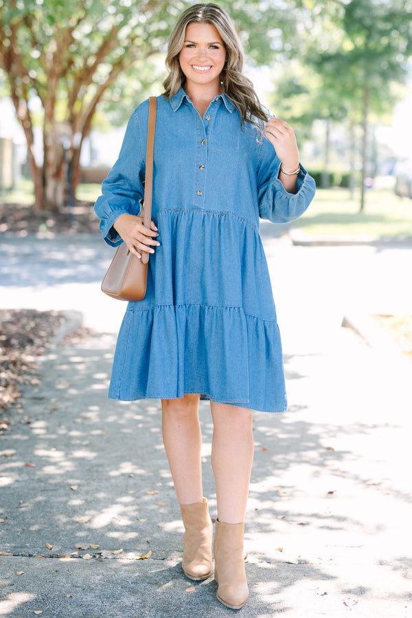 Chic Soul plus size clothing, denim long puff sleeve short tiered dress with buttons down the chest and a collar