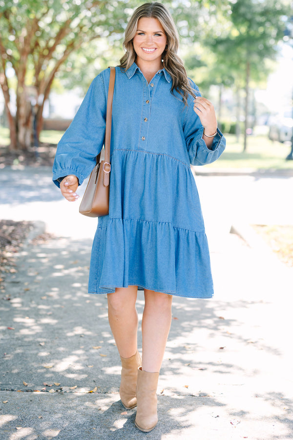 Chic Soul plus size clothing, denim long puff sleeve short tiered dress with buttons down the chest and a collar
