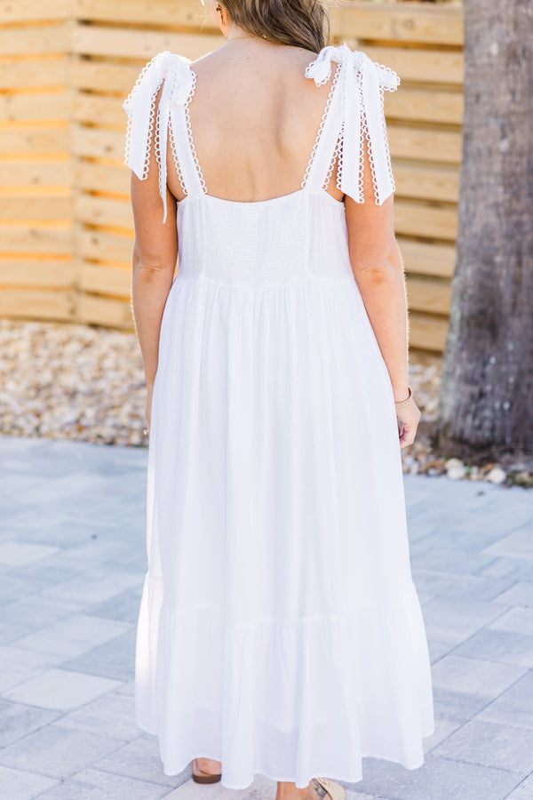 Chic Soul plus size clothing, white sleeveless maxi dress with tie detail on straps with round neckline with eyelet trim detail along straps and neckline with tier skirt detail