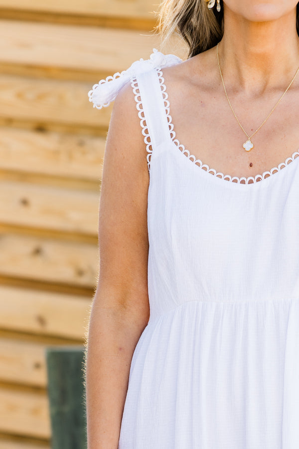 Chic Soul plus size clothing, white sleeveless maxi dress with tie detail on straps with round neckline with eyelet trim detail along straps and neckline with tier skirt detail