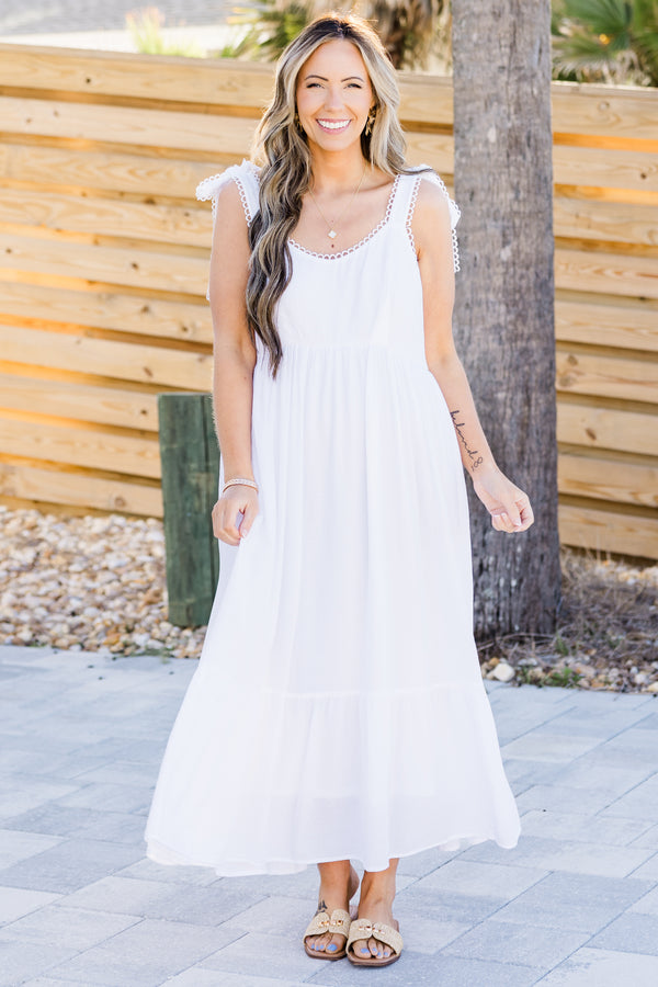 Chic Soul plus size clothing, white sleeveless maxi dress with tie detail on straps with round neckline with eyelet trim detail along straps and neckline with tier skirt detail