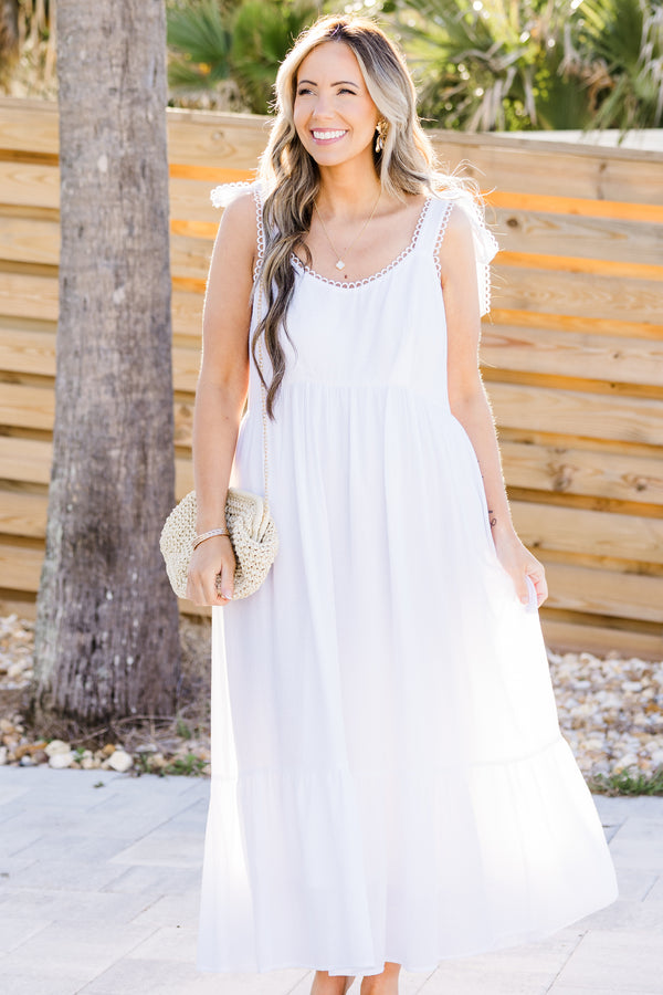 Chic Soul plus size clothing, white sleeveless maxi dress with tie detail on straps with round neckline with eyelet trim detail along straps and neckline with tier skirt detail