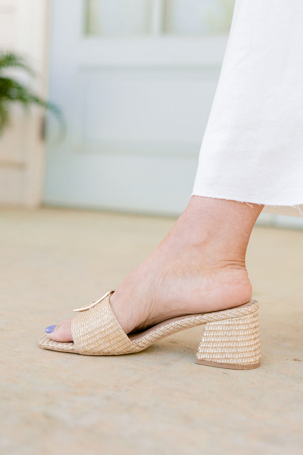 Chic Soul plus size clothing, gold woven block heels with gold hardware buckle on the front with thick block heel