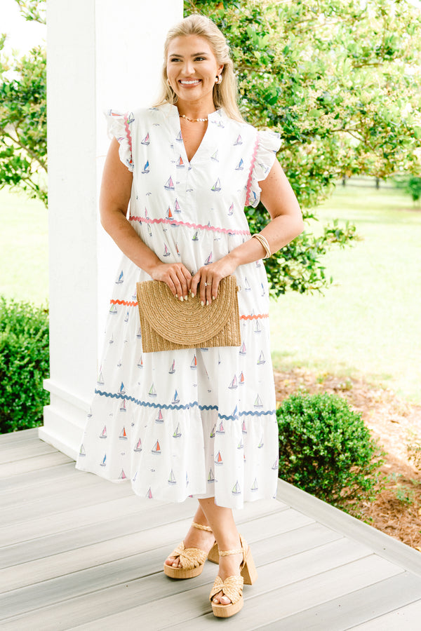 Chic Soul plus size clothing, white flutter sleeve slit neckline tiered midi dress with sailboat pattern and rick rack (wavy) trim that changes colors with every tier from pink to orange to blue on bottom plus pockets