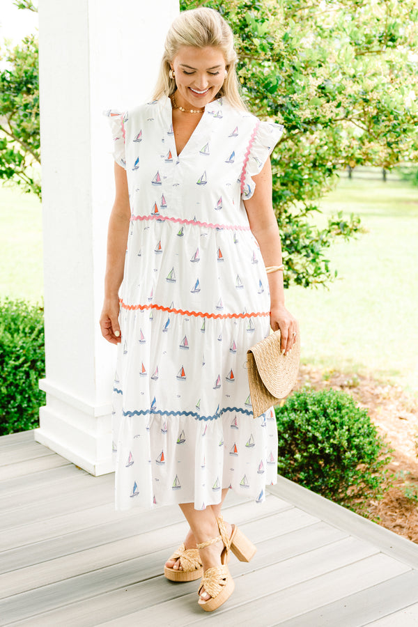Chic Soul plus size clothing, white flutter sleeve slit neckline tiered midi dress with sailboat pattern and rick rack (wavy) trim that changes colors with every tier from pink to orange to blue on bottom plus pockets