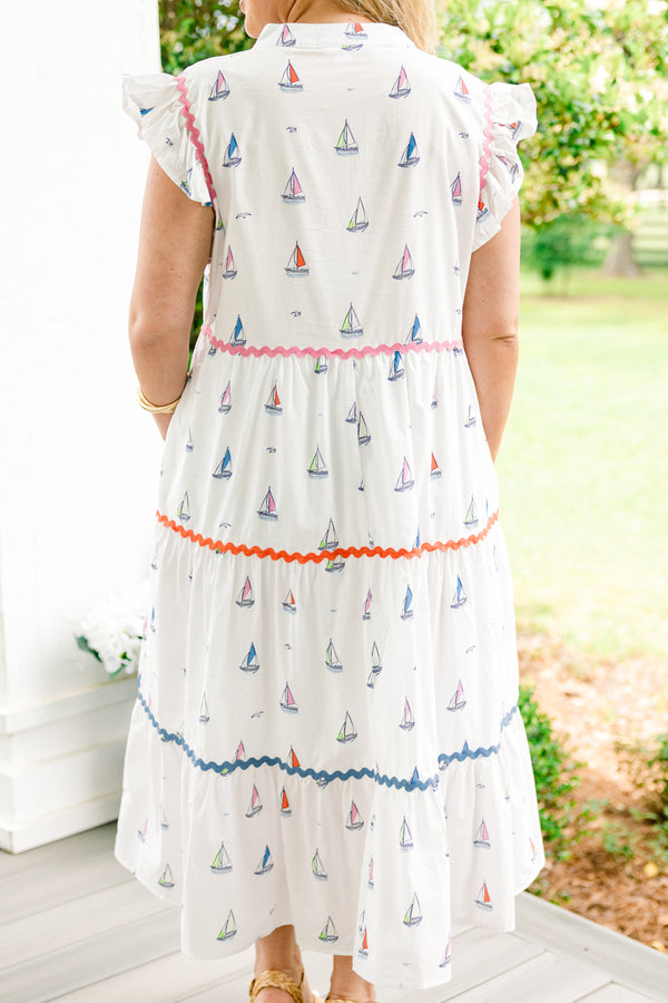 Chic Soul plus size clothing, white flutter sleeve slit neckline tiered midi dress with sailboat pattern and rick rack (wavy) trim that changes colors with every tier from pink to orange to blue on bottom plus pockets