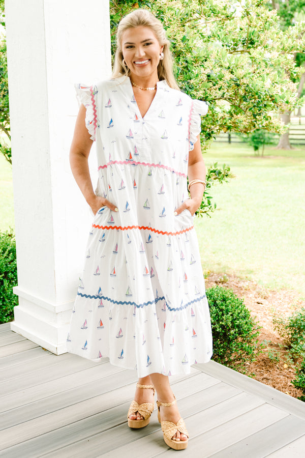 Chic Soul plus size clothing, white flutter sleeve slit neckline tiered midi dress with sailboat pattern and rick rack (wavy) trim that changes colors with every tier from pink to orange to blue on bottom plus pockets