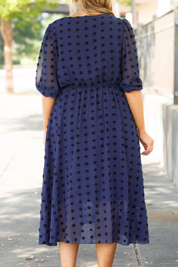 Chic Soul plus size clothing, blue swiss dotted babydoll midi dress with bubble sleeves and a v neck