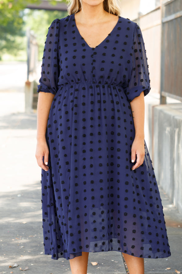 Chic Soul plus size clothing, blue swiss dotted babydoll midi dress with bubble sleeves and a v neck