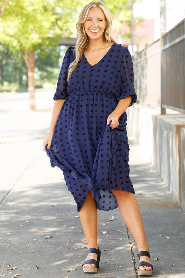 Chic Soul plus size clothing, blue swiss dotted babydoll midi dress with bubble sleeves and a v neck