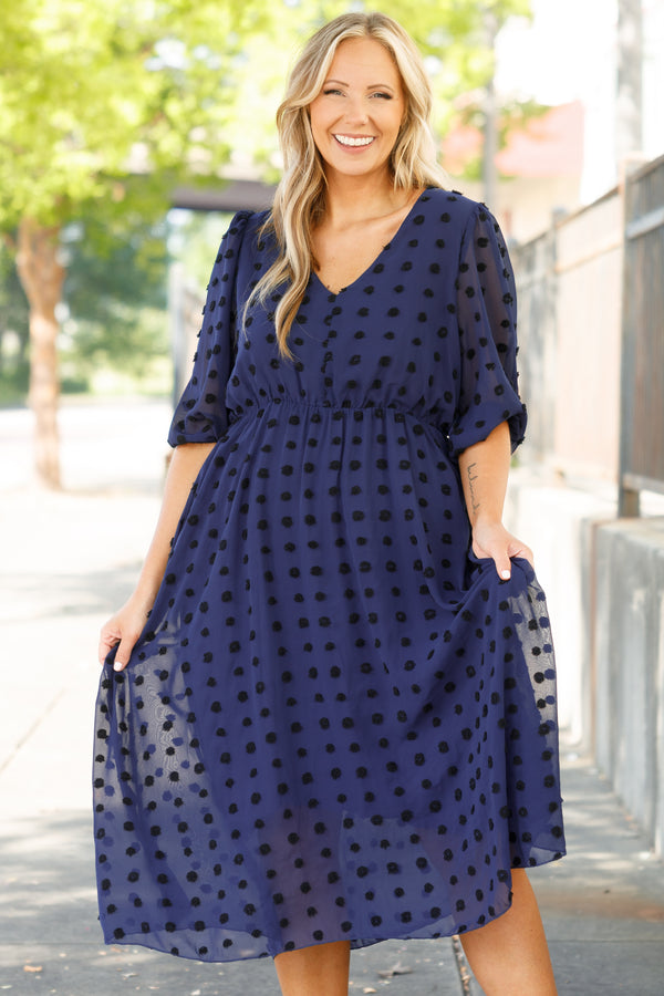 Chic Soul plus size clothing, blue swiss dotted babydoll midi dress with bubble sleeves and a v neck