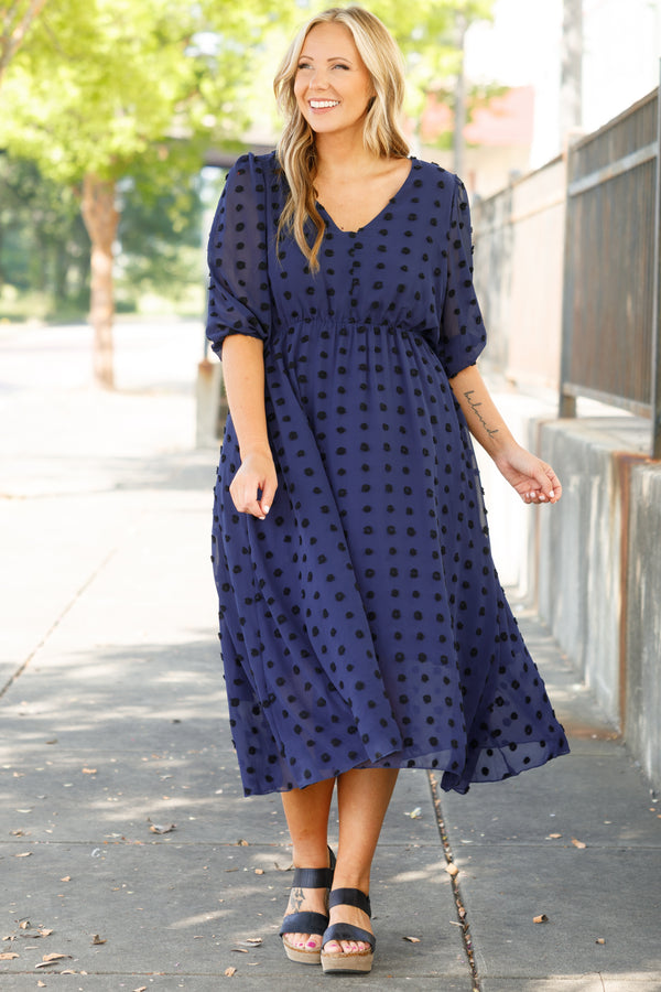 Chic Soul plus size clothing, blue swiss dotted babydoll midi dress with bubble sleeves and a v neck