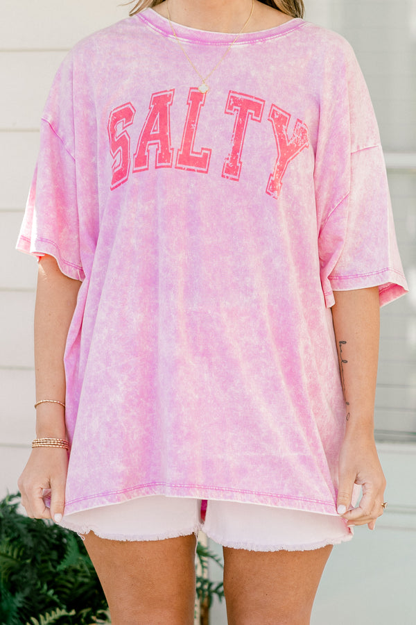 Chic Soul plus size clothing, bright mauve short sleeve acid wash boyfriend tee with 