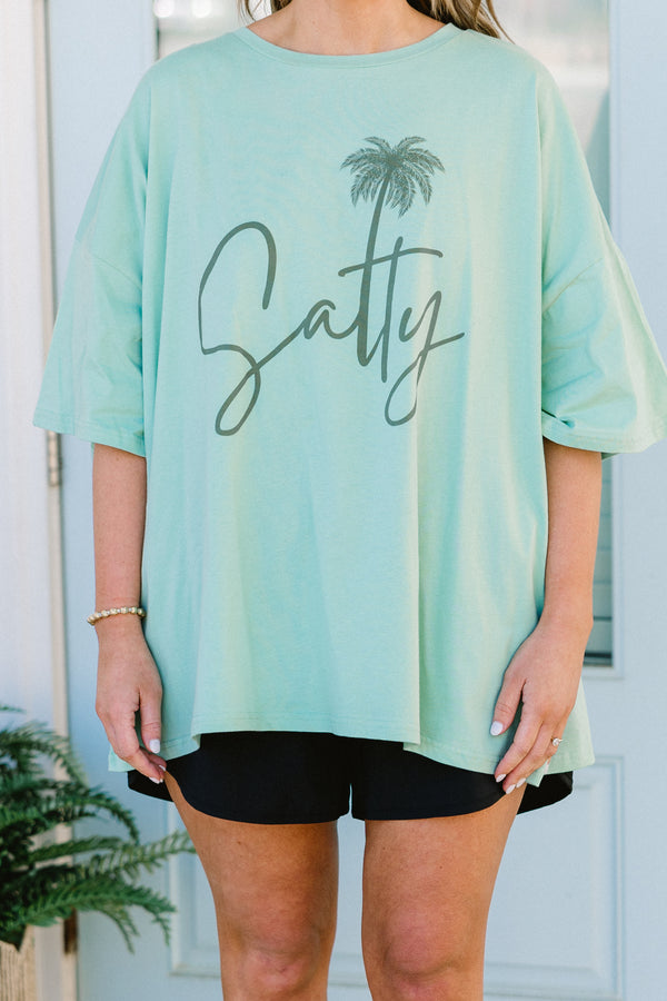 Chic Soul plus size clothing, light green short sleeve boyfriend tee with round neckline with 