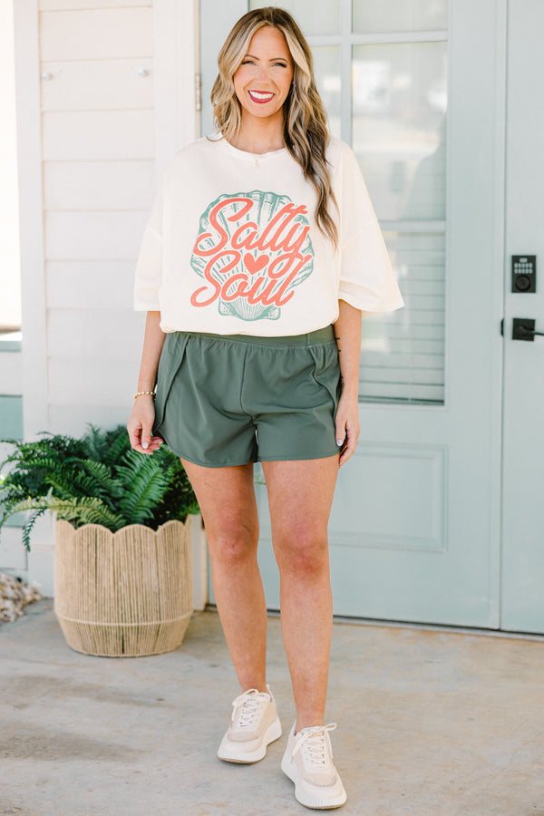Chic Soul plus size clothing, mid-waisted ash jade green athleisure shorts with a subtle split stitching on the sides