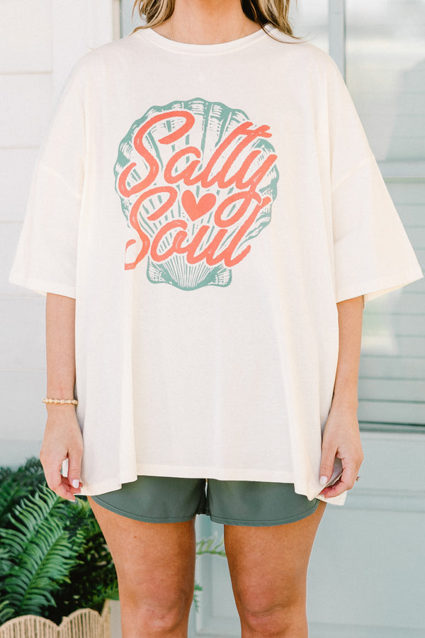 Chic Soul plus size clothing, short-sleeve ivory white boyfriend tee with a high-scoop-neckline and a coral orange calligraphy lettering stating 