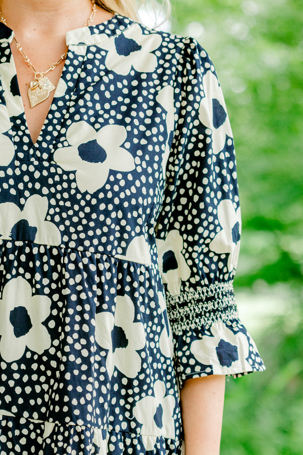 Chic Soul plus size clothing, navy blue ruffled half sleeve shallow v-neck short babydoll dress with ivory floral dot pattern