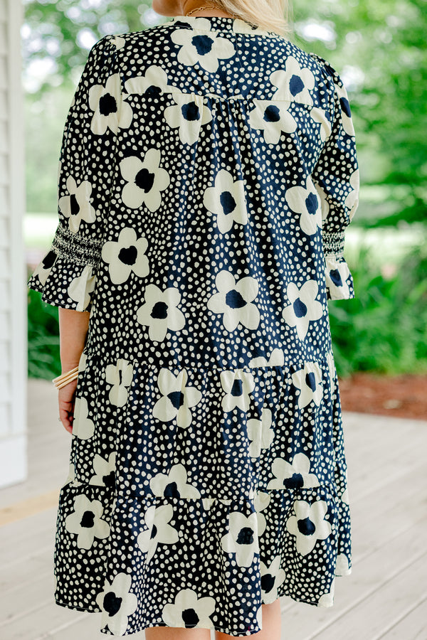Chic Soul plus size clothing, navy blue ruffled half sleeve shallow v-neck short babydoll dress with ivory floral dot pattern