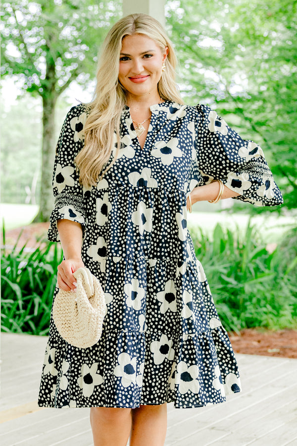 Chic Soul plus size clothing, navy blue ruffled half sleeve shallow v-neck short babydoll dress with ivory floral dot pattern