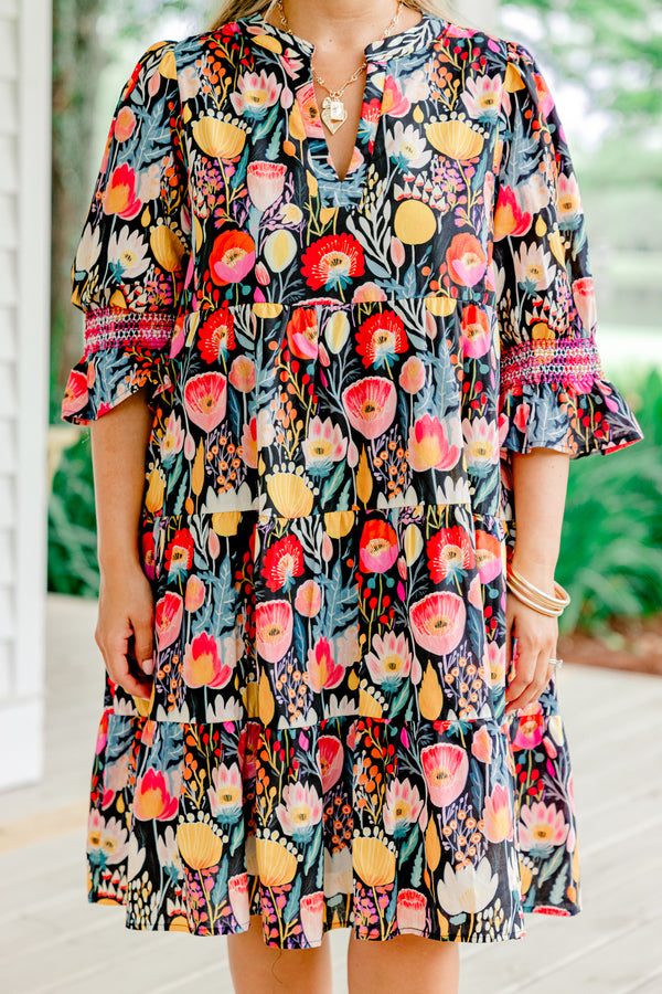 Chic Soul plus size clothing, navy blue ruffle cuffed half sleeve slit neckline short tiered dress with large pink and yellow floral pattern