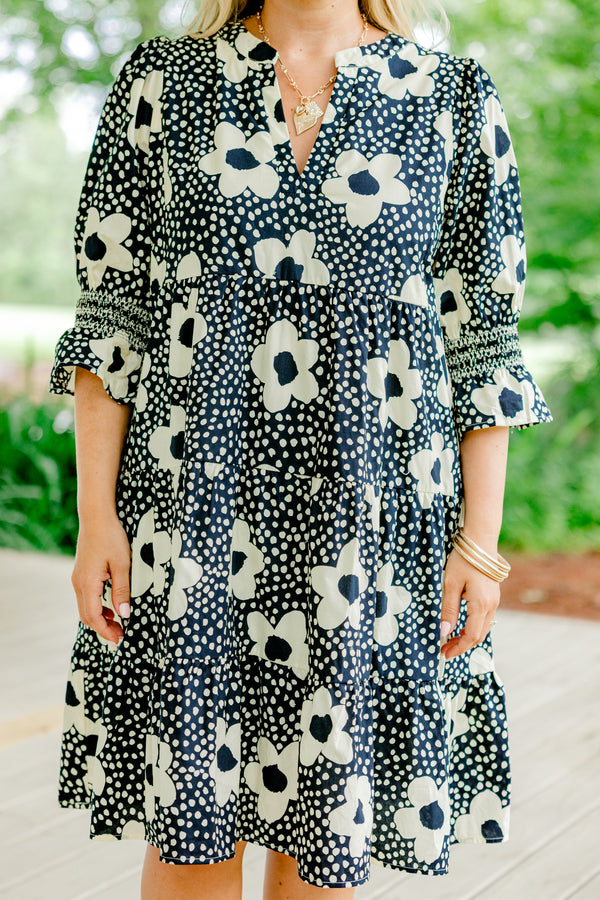 Chic Soul plus size clothing, navy blue ruffled half sleeve shallow v-neck short babydoll dress with ivory floral dot pattern