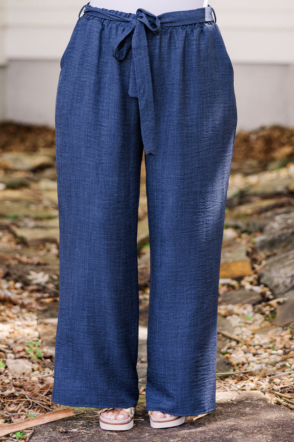 Chic Soul plus size clothing, flowy navy blue wide-leg pants with waist-tie 