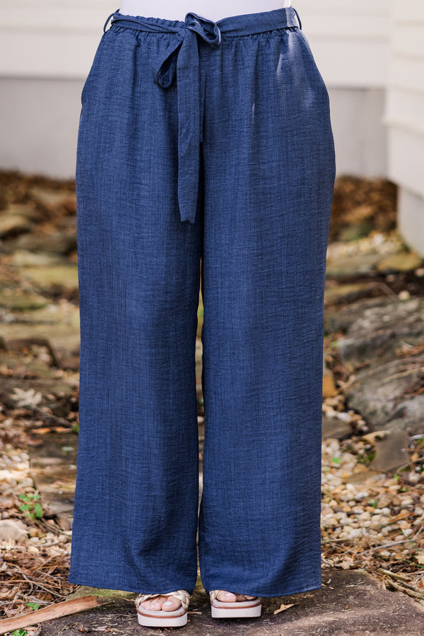 Chic Soul plus size clothing, flowy navy blue wide-leg pants with waist-tie 