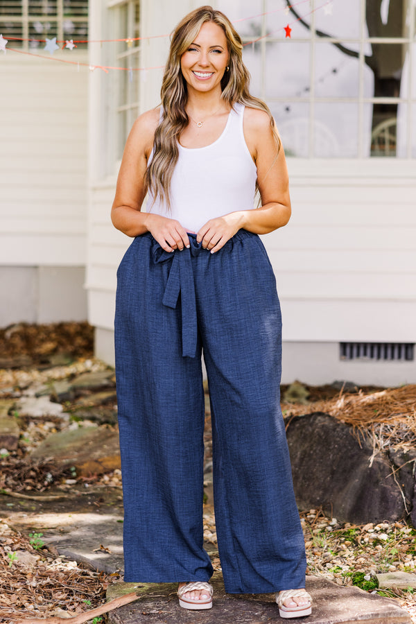 Chic Soul plus size clothing, flowy navy blue wide-leg pants with waist-tie 