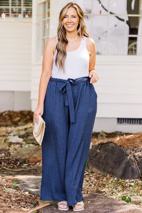 Chic Soul plus size clothing, flowy navy blue wide-leg pants with waist-tie 