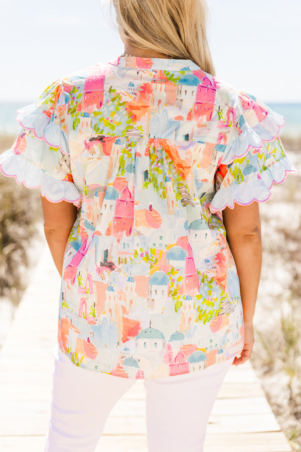 Chic Soul plus size clothing, short-flutter-sleeve blue top with a scalloped embroidered lining along sleeves and bodice with a split-v-neckline and a multi-colored abstract watercolor landscape pattern 
