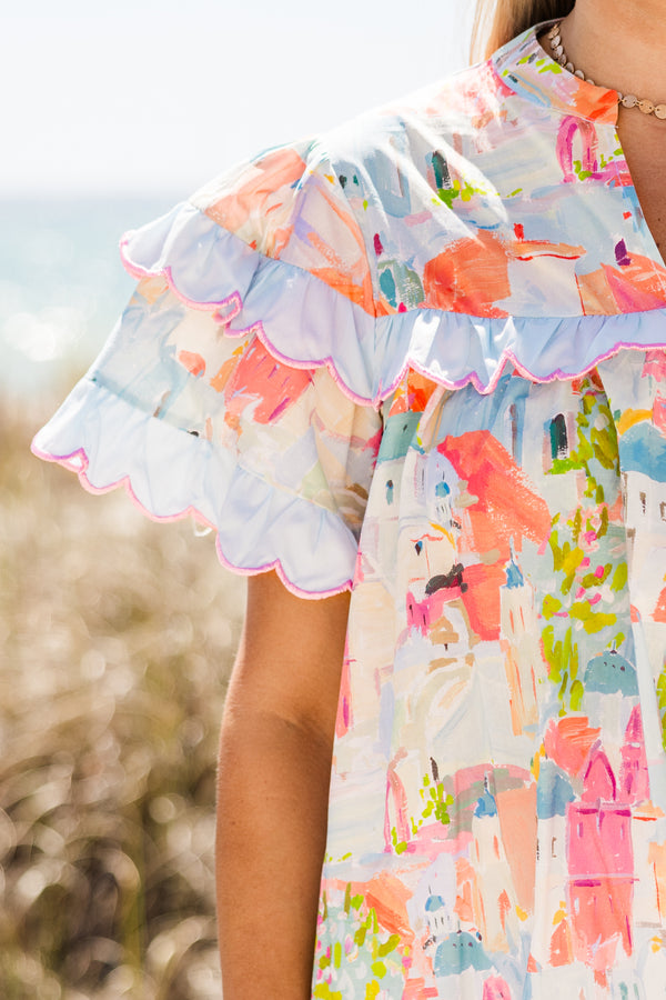Chic Soul plus size clothing, short-flutter-sleeve blue top with a scalloped embroidered lining along sleeves and bodice with a split-v-neckline and a multi-colored abstract watercolor landscape pattern 