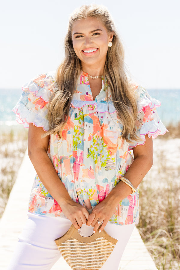 Chic Soul plus size clothing, short-flutter-sleeve blue top with a scalloped embroidered lining along sleeves and bodice with a split-v-neckline and a multi-colored abstract watercolor landscape pattern 