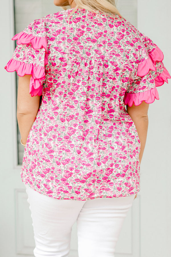 Chic Soul plus size clothing, pink short sleeve floral print top with v neckline and scalloped pink detail along sleeves and across chest