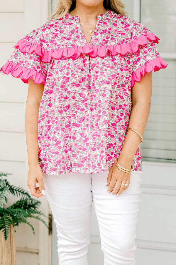 Chic Soul plus size clothing, pink short sleeve floral print top with v neckline and scalloped pink detail along sleeves and across chest