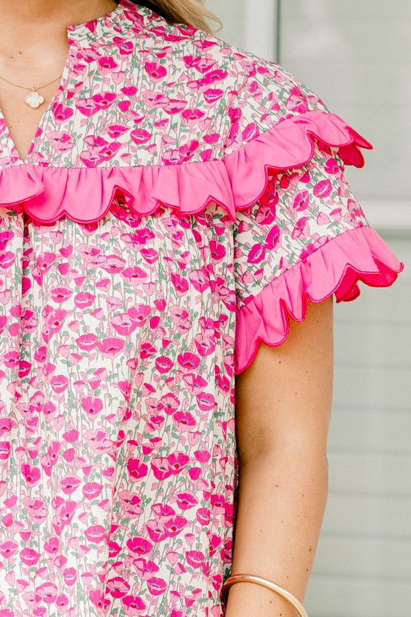 Chic Soul plus size clothing, pink short sleeve floral print top with v neckline and scalloped pink detail along sleeves and across chest