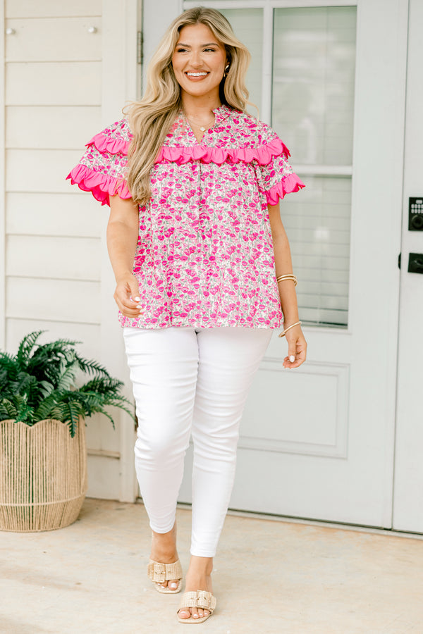 Chic Soul plus size clothing, pink short sleeve floral print top with v neckline and scalloped pink detail along sleeves and across chest