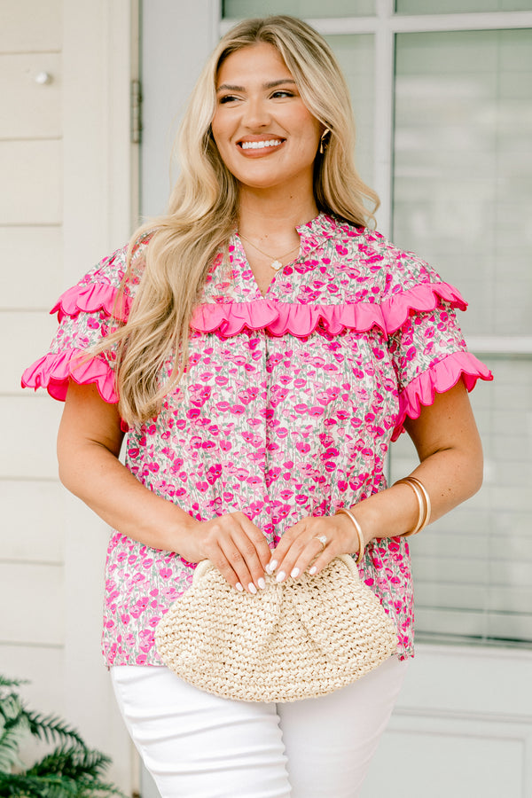 Chic Soul plus size clothing, pink short sleeve floral print top with v neckline and scalloped pink detail along sleeves and across chest
