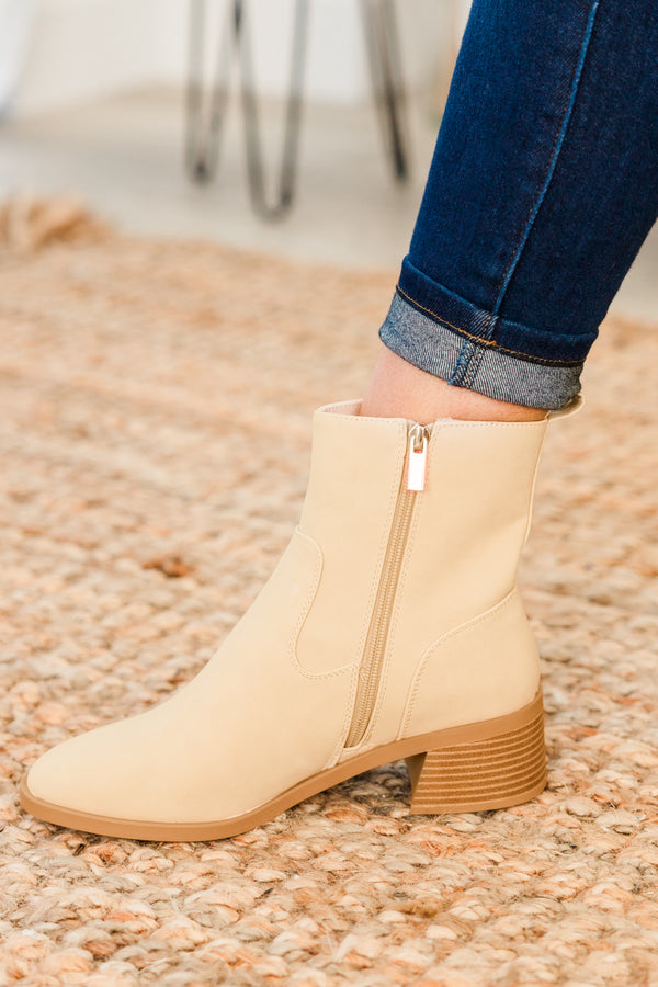 Chic Soul plus size clothing, beige round toe booties with gold zipped on the inside with slight wood block heel