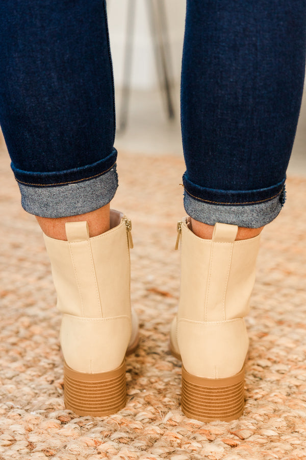 Chic Soul plus size clothing, beige round toe booties with gold zipped on the inside with slight wood block heel