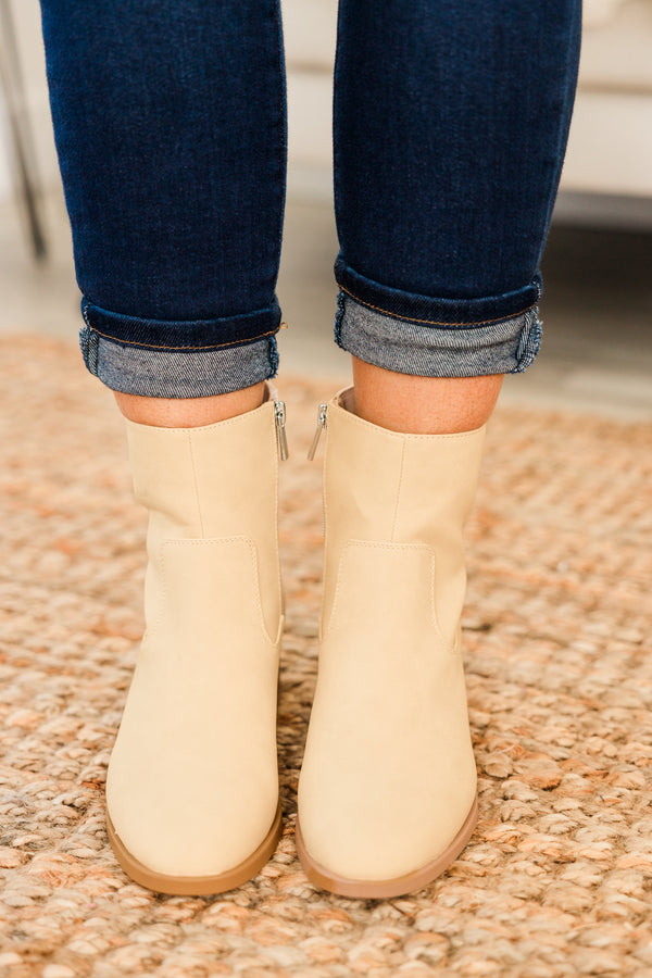 Chic Soul plus size clothing, beige round toe booties with gold zipped on the inside with slight wood block heel