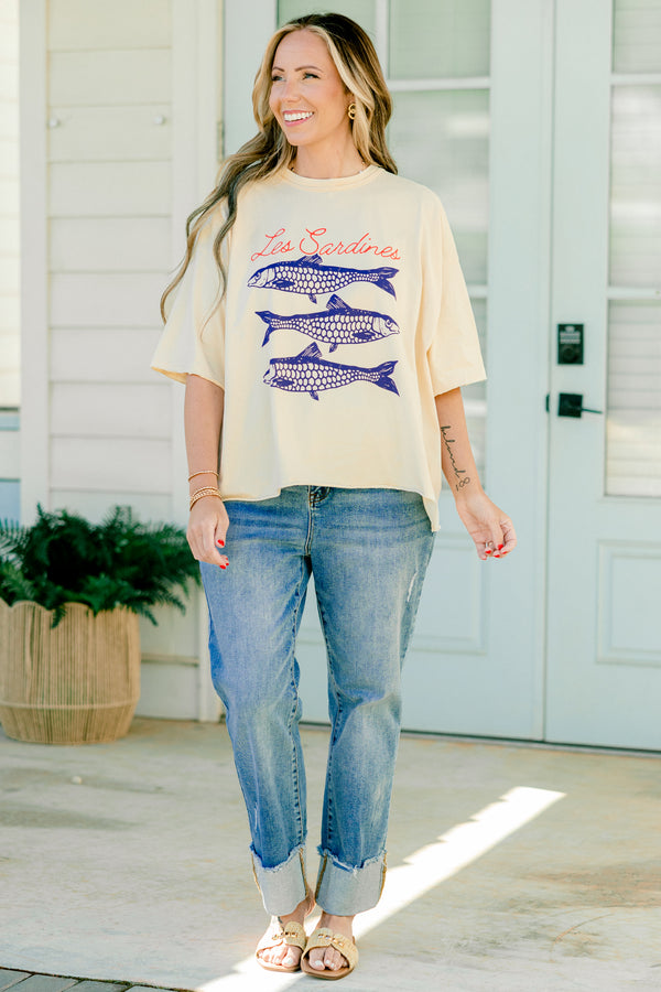 Chic Soul plus size clothing, sand colored half sleeve crewneck tee with blue sardines graphic