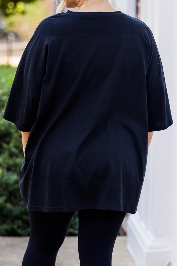 Chic Soul plus size clothing, black short-sleeve tee with multi-colored graphic stating 