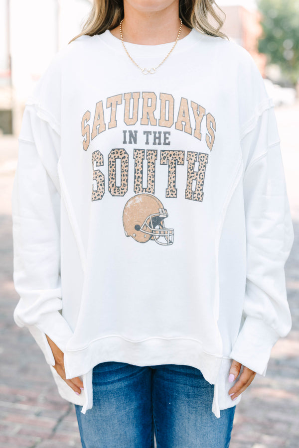 Plus Size ivory crew neck sweatshirt with a Saturdays in the South football graphic 