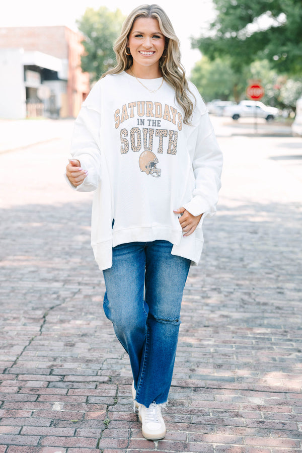 Plus Size ivory crew neck sweatshirt with a Saturdays in the South football graphic 