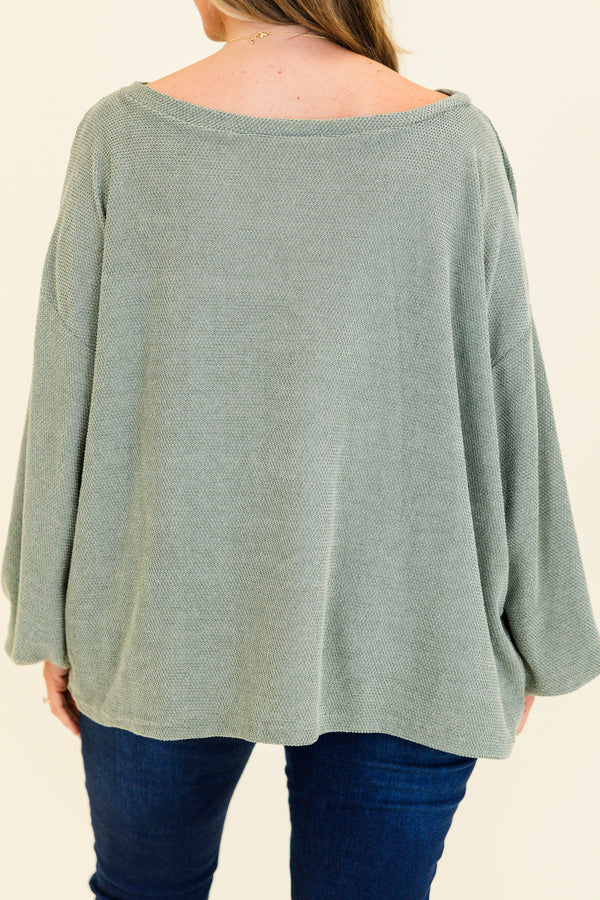 Chic Soul plus size clothing, sage long sleeve textured fabric top with cuffed baggy sleeves with round neckline