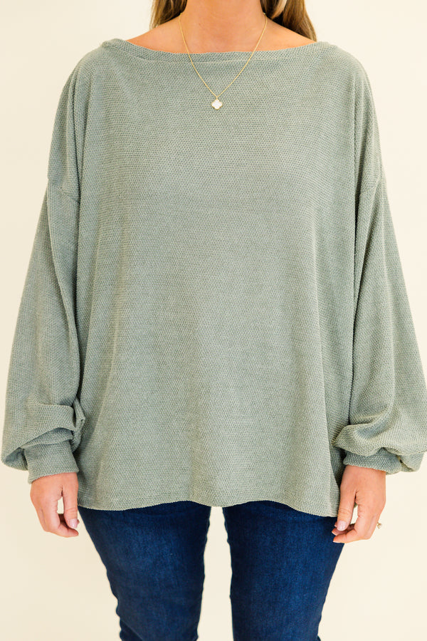 Chic Soul plus size clothing, sage long sleeve textured fabric top with cuffed baggy sleeves with round neckline
