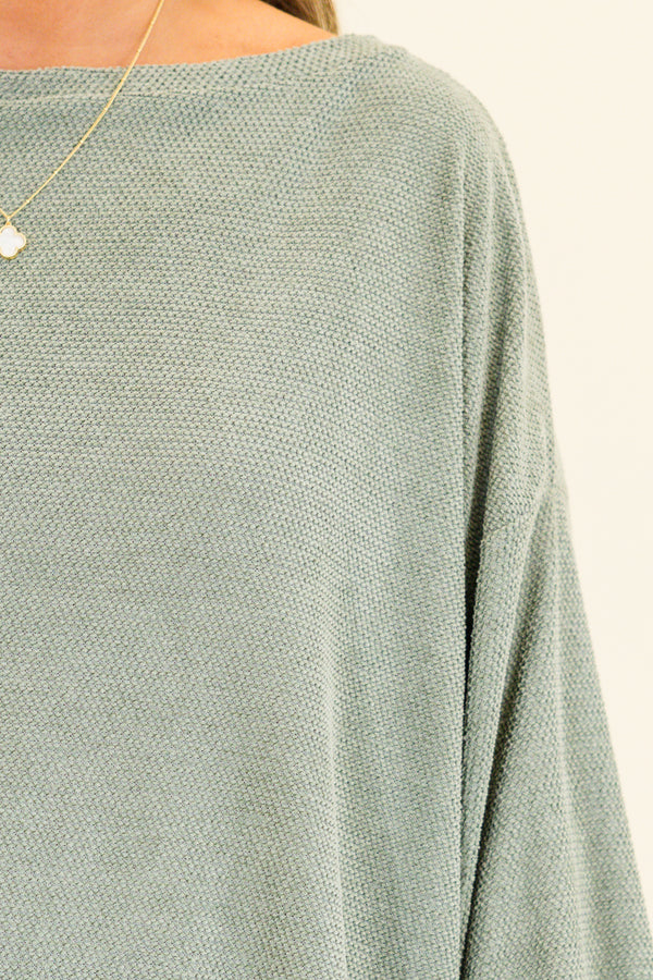 Chic Soul plus size clothing, sage long sleeve textured fabric top with cuffed baggy sleeves with round neckline