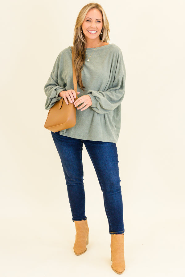 Chic Soul plus size clothing, sage long sleeve textured fabric top with cuffed baggy sleeves with round neckline
